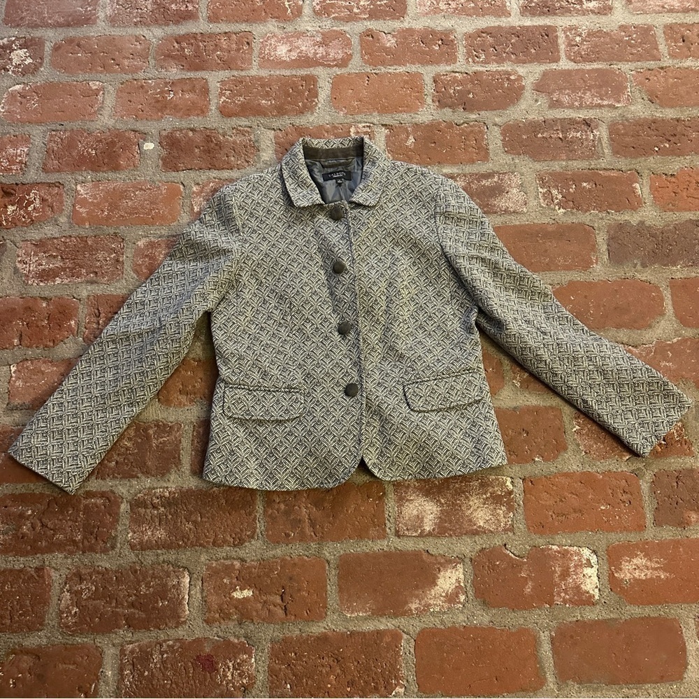 TALBOTS Gray White Wool Blend Button Down Pockets Jacket Blazer Women’s Sz 12